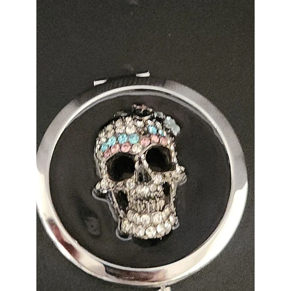 Glossy Black Skull Compact Mirror Rhinestone 3D Double Sided Pre-Owned